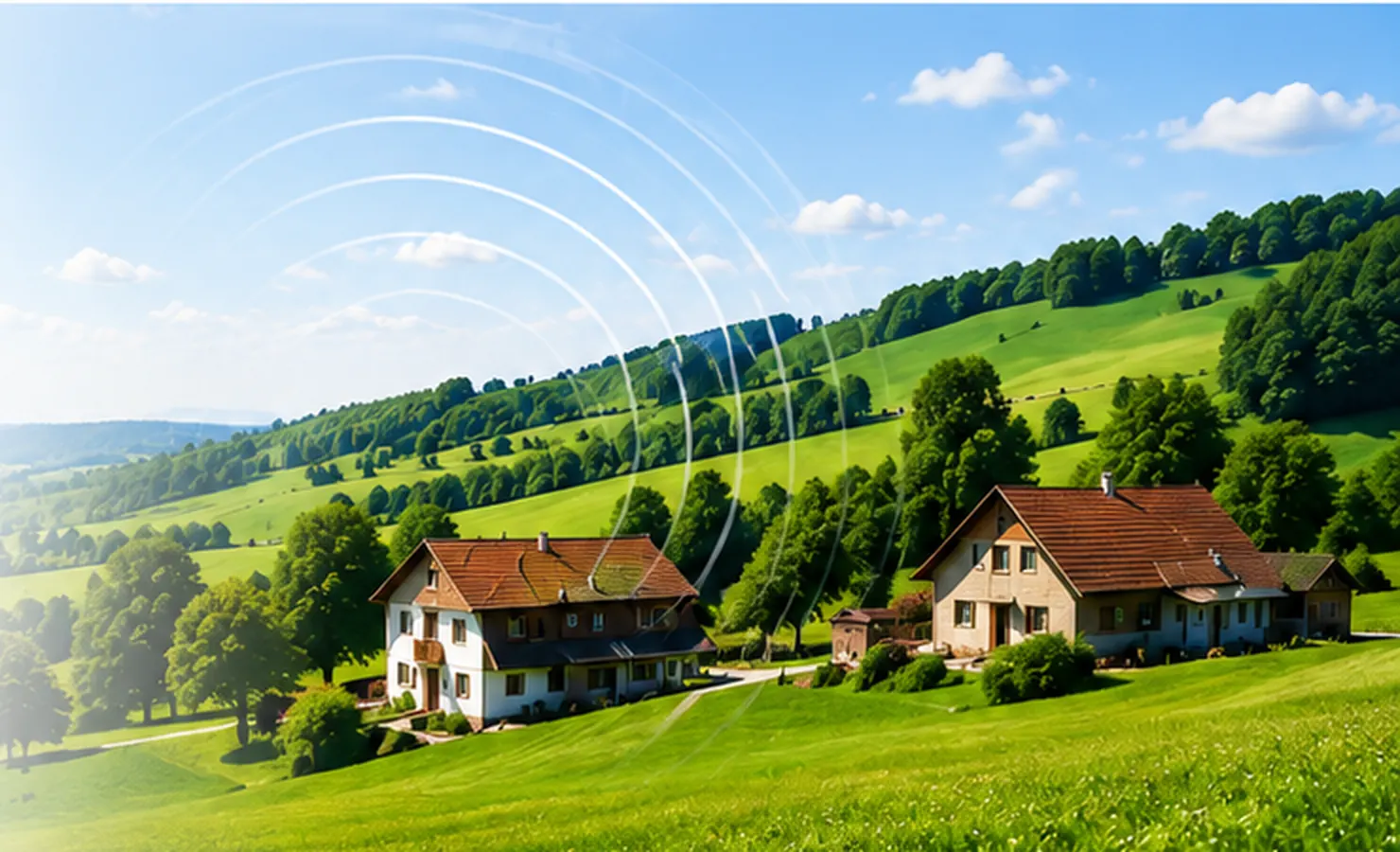 Ländliche Landschaft mit Häusern und stilisierten Funksignalen